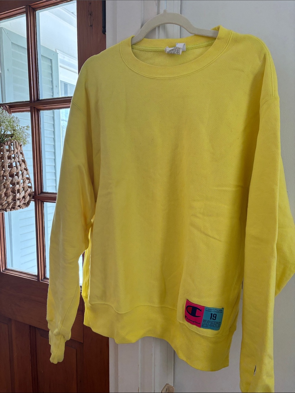 Champion Bright Yellow Crewneck Sweatshirt with Logo Patch